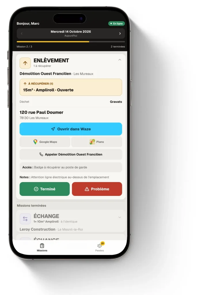 Application chauffeur UDEBOX : mission d’enlèvement de benne avec boutons Terminé et Problème