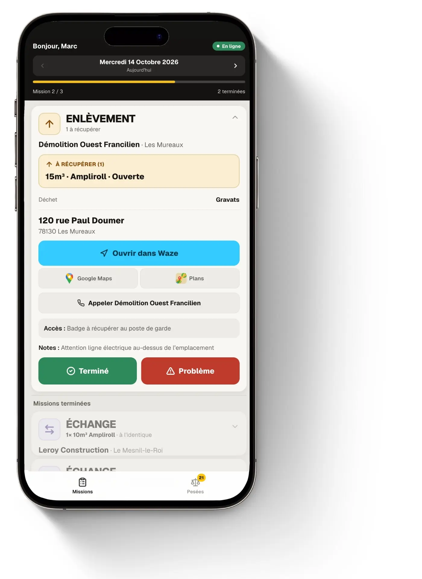 Application chauffeur UDEBOX : mission d’enlèvement de benne avec boutons Terminé et Problème