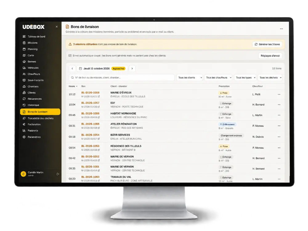 Bon de livraison location gestionnaire bennes et contenannts