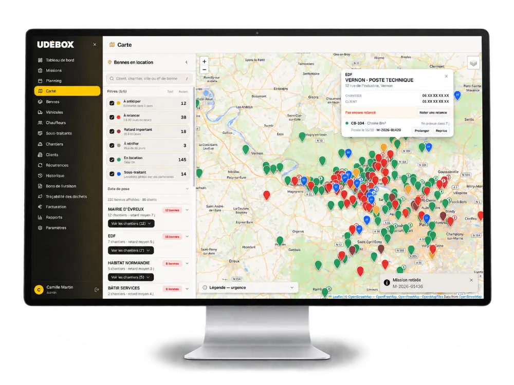 vue carte UDEBOX pour les loueurs de bennes